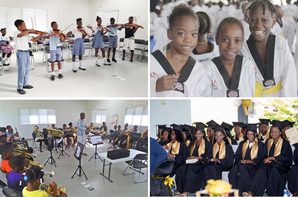 세아학교 학생들이 오케스트라 악기연주 수업, 태권도 수업을 받고 있는 모습과 지난 2023년 10년만에 배출한 첫 졸업생들 모습(오른쪽 아래).ⓒ글로벌세아